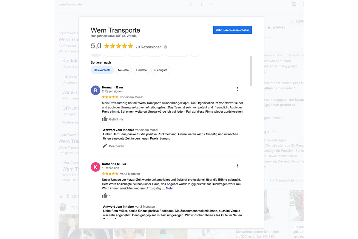 Bewertungen beantworten bei Google Business Profile